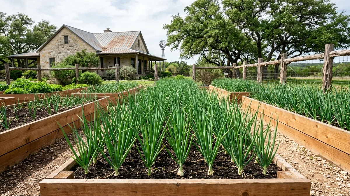 Rows of green onions in long raised beds