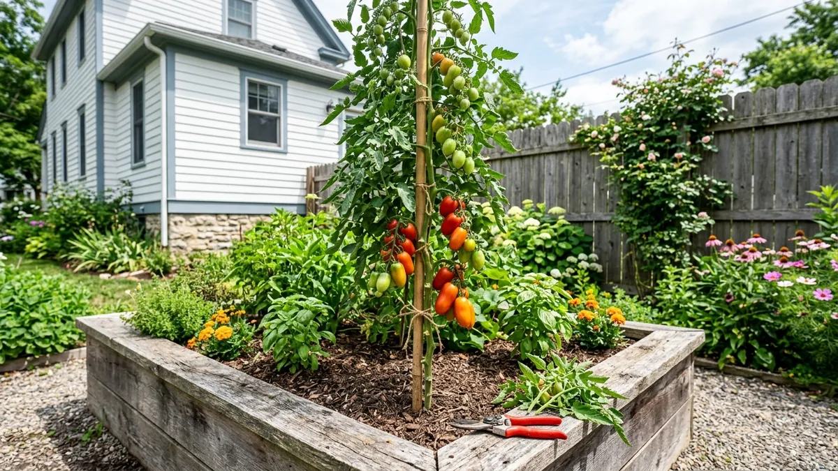 Hands pruning a sucker from an indeterminate tomato plant