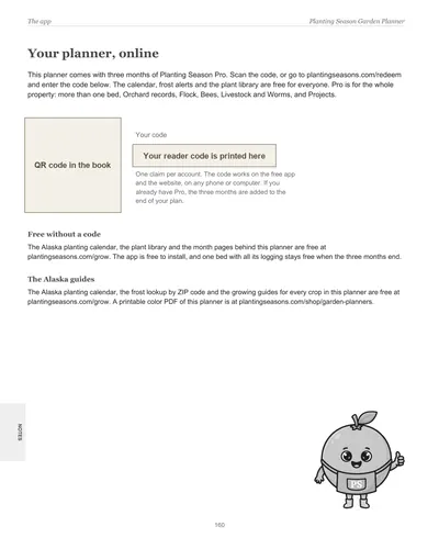 Page 160 of the Alaska Garden Planner: the app page with the reader code for three months of Planting Season Pro, with the code and QR code hidden in this preview