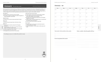 Pages 24 and 25 of the Alaska Garden Planner: January's pre-printed Alaska page with what to sow, plant out and pick, the jobs and the pest watch, beside a blank Sunday-start month grid