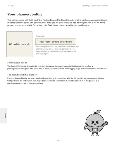 Page 160 of the Central Florida Garden Planner: the app page with the reader code for three months of Planting Season Pro, with the code and QR code hidden in this preview