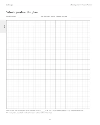 Page 10 of the Desert Southwest Garden Planner: a whole-garden bed map on a fine grid with a bold line every few squares, a scale line and a header for the bed, sun and season