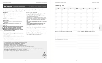 Pages 24 and 25 of the Gulf South Garden Planner: January's pre-printed Gulf South page with what to sow, plant out and pick, the jobs and the pest watch, beside a blank Sunday-start month grid