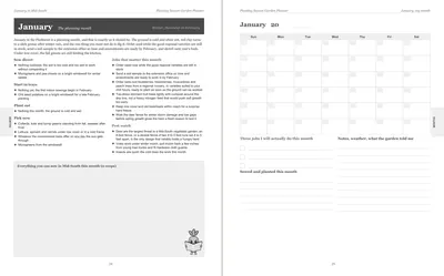 Pages 24 and 25 of the Mid-South Garden Planner: January's pre-printed Mid-South page with what to sow, plant out and pick, the jobs and the pest watch, beside a blank Sunday-start month grid
