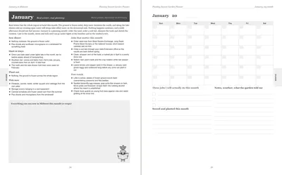 Pages 24 and 25 of the Midwest Garden Planner: January's pre-printed Midwest page with what to sow, plant out and pick, the jobs and the pest watch, beside a blank Sunday-start month grid