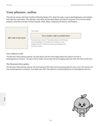 Page 160 of the Mountain West Garden Planner: the app page with the reader code for three months of Planting Season Pro, with the code and QR code hidden in this preview