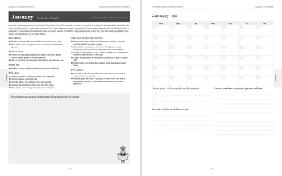 Pages 24 and 25 of the Mountain West Garden Planner: January's pre-printed Mountain West page with what to sow, plant out and pick, the jobs and the pest watch, beside a blank Sunday-start month grid