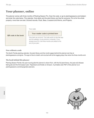 Page 160 of the North Florida Garden Planner: the app page with the reader code for three months of Planting Season Pro, with the code and QR code hidden in this preview