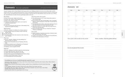 Pages 24 and 25 of the North Florida Garden Planner: January's pre-printed North Florida page with what to sow, plant out and pick, the jobs and the pest watch, beside a blank Sunday-start month grid