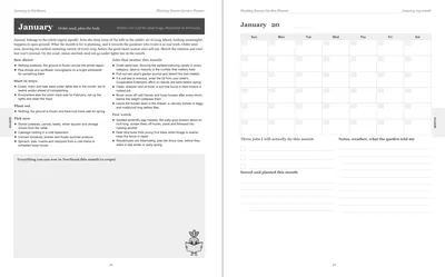 Pages 24 and 25 of the Northeast Garden Planner: January's pre-printed Northeast page with what to sow, plant out and pick, the jobs and the pest watch, beside a blank Sunday-start month grid