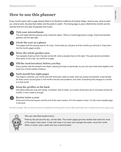 Page 3 of the Northern California Garden Planner: how to use this planner, in seven steps, with a worked example for a cherry tomato