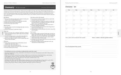 Pages 24 and 25 of the Northern California Garden Planner: January's pre-printed Northern California page with what to sow, plant out and pick, the jobs and the pest watch, beside a blank Sunday-start month grid