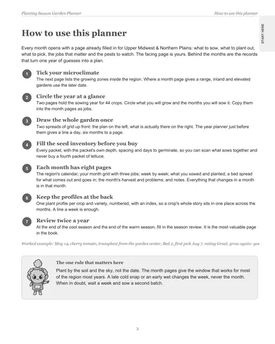 Page 3 of the Northern Plains Garden Planner: how to use this planner, in seven steps, with a worked example for a cherry tomato