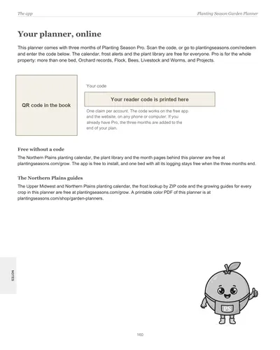 Page 160 of the Northern Plains Garden Planner: the app page with the reader code for three months of Planting Season Pro, with the code and QR code hidden in this preview