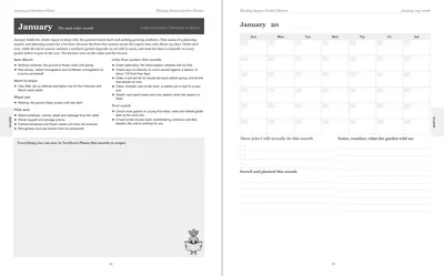 Pages 24 and 25 of the Northern Plains Garden Planner: January's pre-printed Northern Plains page with what to sow, plant out and pick, the jobs and the pest watch, beside a blank Sunday-start month grid