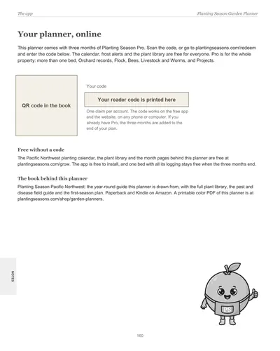 Page 160 of the Pacific Northwest Garden Planner: the app page with the reader code for three months of Planting Season Pro, with the code and QR code hidden in this preview