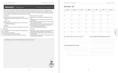 Pages 24 and 25 of the Pacific Northwest Garden Planner: January's pre-printed Pacific Northwest page with what to sow, plant out and pick, the jobs and the pest watch, beside a blank Sunday-start month grid