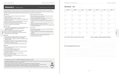 Pages 24 and 25 of the South Florida Garden Planner: January's pre-printed South Florida page with what to sow, plant out and pick, the jobs and the pest watch, beside a blank Sunday-start month grid
