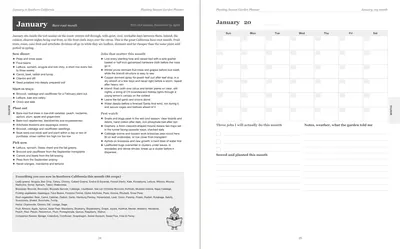 Pages 24 and 25 of the Southern California Garden Planner: January's pre-printed Southern California page with what to sow, plant out and pick, the jobs and the pest watch, beside a blank Sunday-start month grid