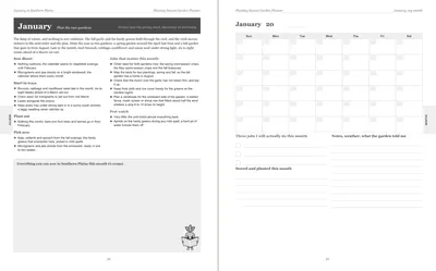 Pages 24 and 25 of the Southern Plains Garden Planner: January's pre-printed Southern Plains page with what to sow, plant out and pick, the jobs and the pest watch, beside a blank Sunday-start month grid