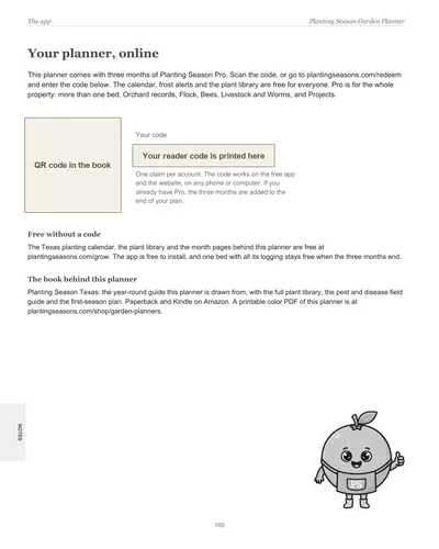 Page 160 of the Texas Garden Planner: the app page with the reader code for three months of Planting Season Pro, with the code and QR code hidden in this preview