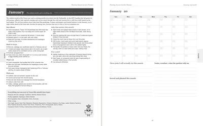 Pages 24 and 25 of the Texas Garden Planner: January's pre-printed Texas page with what to sow, plant out and pick, the jobs and the pest watch, beside a blank Sunday-start month grid